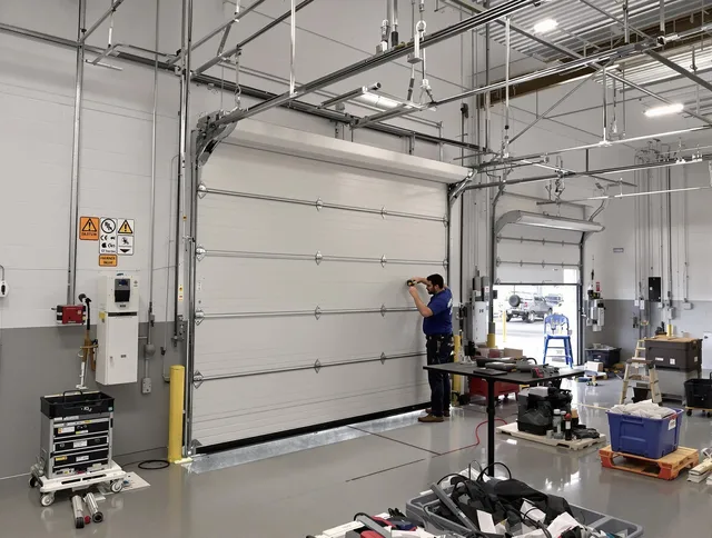 Commercial garage door repair being performed by Glastonbury Garage Door Repair expert in Glastonbury