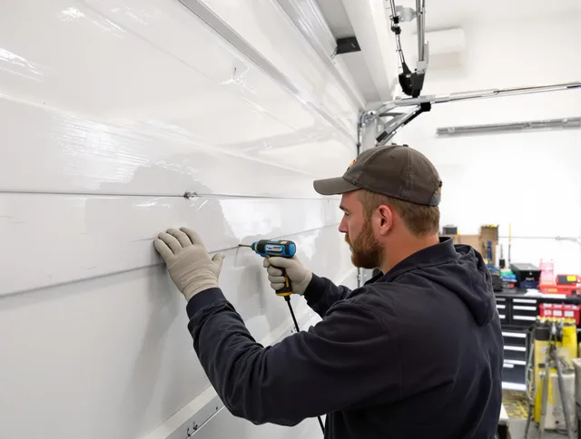 Glastonbury Garage Door Repair technician demonstrating precision dent removal techniques on a Glastonbury garage door