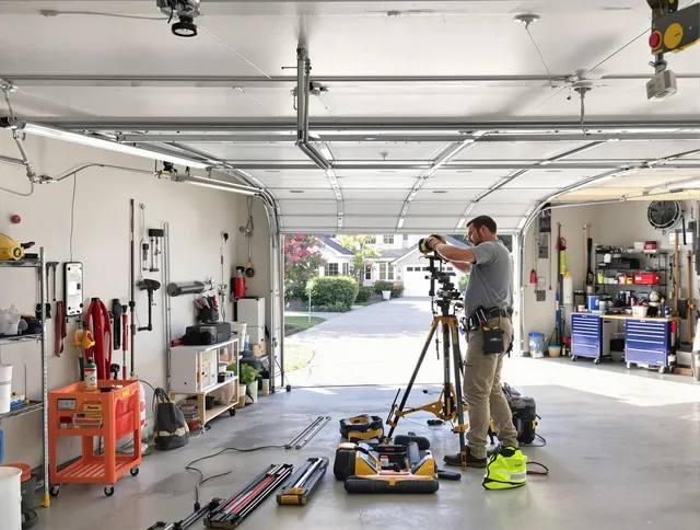 Glastonbury Garage Door Repair specialist performing laser-guided track alignment in Glastonbury